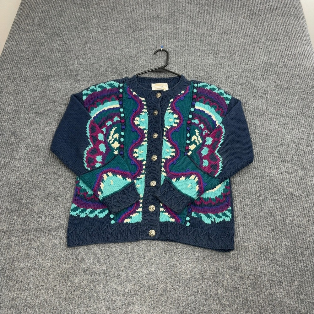 VTG Ninon de Lenclos Cardigan Sweater Womens S Navy Blue Ramie Colorblock Boho